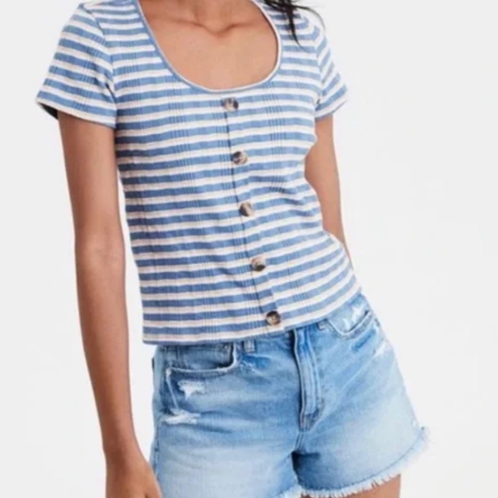 American Eagle Women’s Blue Yellow Striped Scoop Neck Button Knit Crop Top M